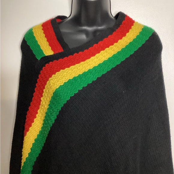 Elegant Black Rasta Poncho with Colorful Stripes - Picture 3 of 14